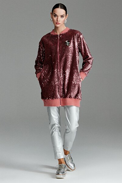 Tığ Triko Ribana Detaylı Pullu Bomber Ceket Pudra