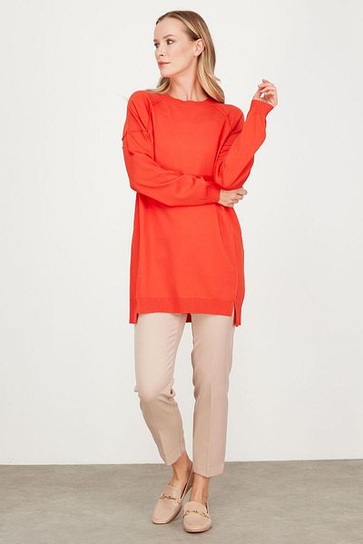 Tığ Triko WITH REVERSE SEWING DETAIL BASIC KNITWEAR TUNIC CORAL