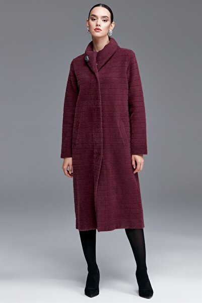 Tığ Triko Çizgi Detaylı Mink Kaban MÜRDÜM