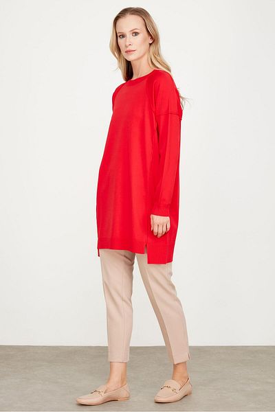 Tığ Triko Basic Knitwear Tunic Red with Reverse Stitching Detail
