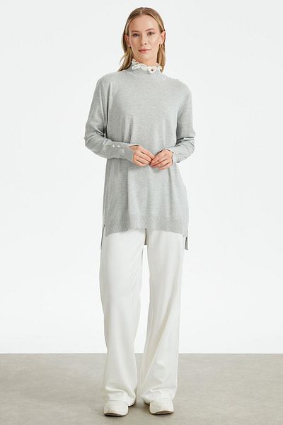 Tığ Triko COLLAR RIFFER DETAILED KNITWEAR TUNIC GRAY
