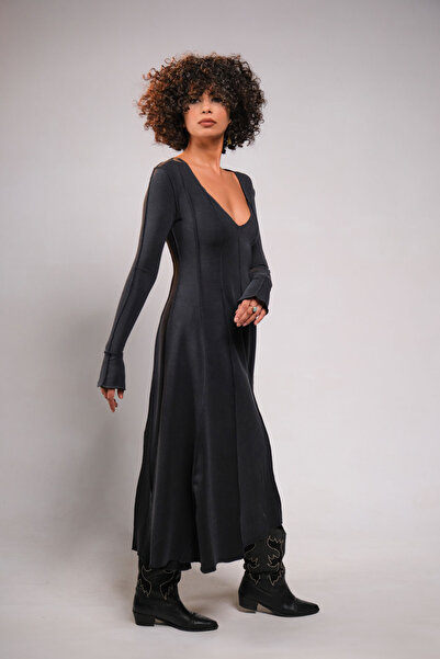 KARÇA VOGUE Wednesday Dress"v" Yaka Parçalı Uzun Ispanyol Kollu Elbise