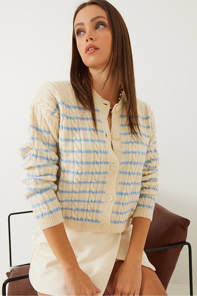 Bianco Lucci Gestreifter, geflochtener Strick-Cardigan für Damen 85001011