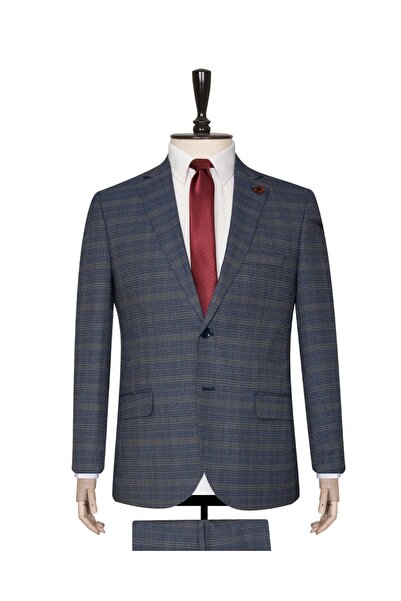 SÜVARİ Süvari Desenli Mavi Rahat Kalıp Takım Elbise .