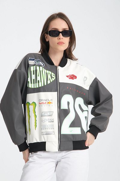 Black Level Oversize Women's Leather Coat - Racer Jacket with Zipper, Lining and Print