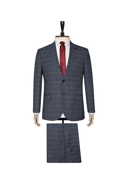 SÜVARİ Süvari Desenli Mavi Rahat Kalıp Takım Elbise .