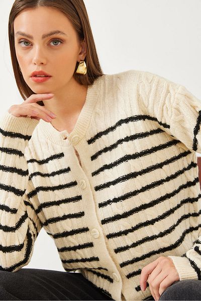 Bianco Lucci Cardigan din tricot împletit cu păr în dungi pentru femei 85001011