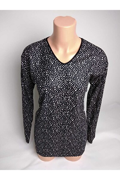 YAŞAR TRİKO Kadın Siyah Desenli V Yaka Uzun Kollu Yanları Yırtmaçlı Mevsimlik Süet Anne Penye Tişört Bluz