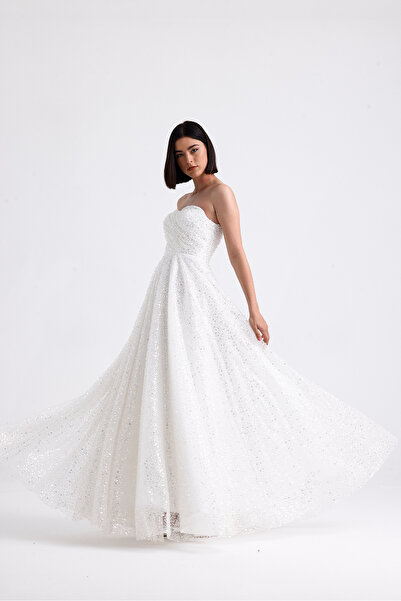 Tangül&Ali'S Moda Evi İşlemeli Straplez Maxi Beyaz Elbise