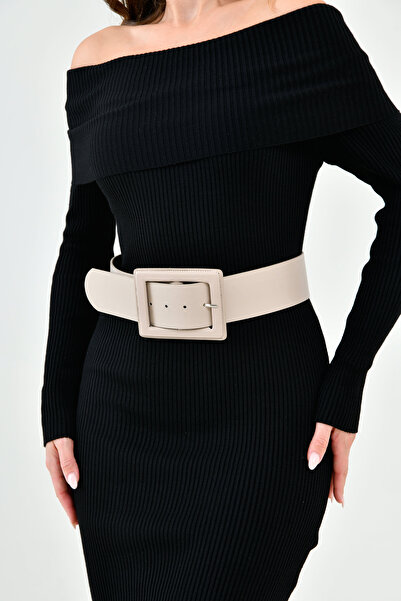 WOMAN VISION Black Faux Beige Leather Belt with Wide Band and Buckle Design 15525