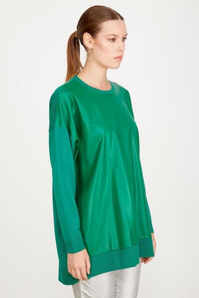 Tığ Triko ÖNÜ DERİ DETAYLI TRİKO TUNİK YEŞİL