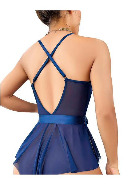 Cooqpoo Μπλε ναυτικό διάφανο φλοράλ κορδόνι Babydoll S/M-L/XL Μέγεθος Τούλι Έκπτωση 50%
