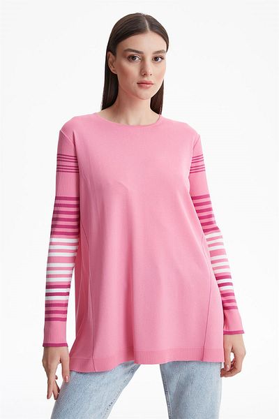 Tığ Triko Basic Rayon Knitwear Tunic Pink with Striped Sleeves