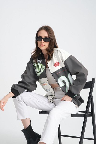 Black Level Oversize Women's Leather Coat - Racer Jacket with Zipper, Lining and Print