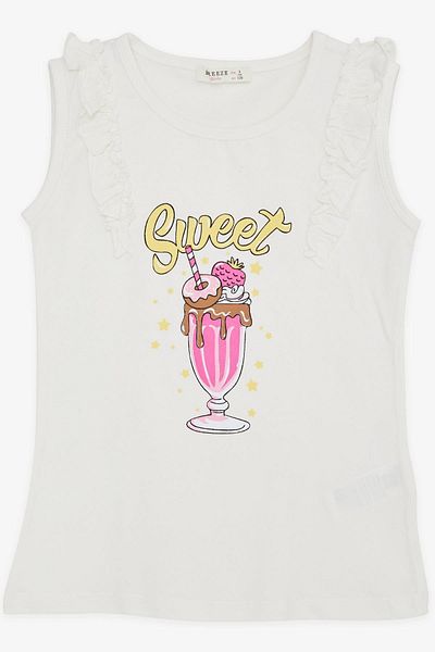 Breeze T-shirt για κορίτσια 4-8 ετών - βολάν ώμου και στάμπα παγωτού, εκρού