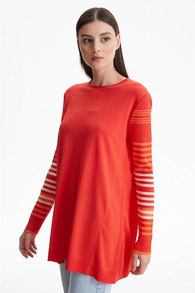 Tığ Triko Basic Rayon Knitwear Tunic with Striped Sleeves Coral