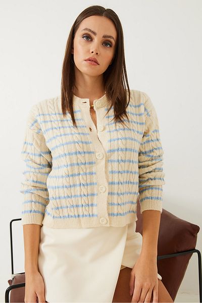 Bianco Lucci Gestreifter, geflochtener Strick-Cardigan für Damen 85001011