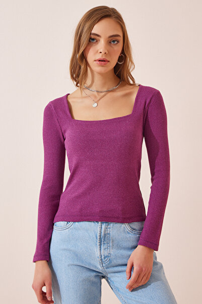 Lovelyİstanbul Ανοιχτό δαμάσκηνο τετράγωνο γιακά πλεκτή μπλούζα με κορδόνι - ...