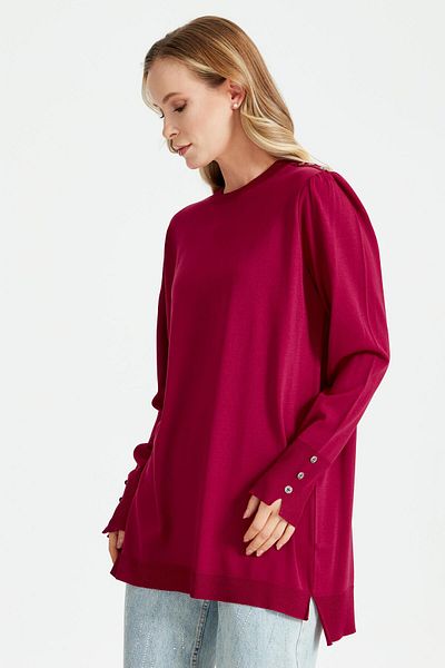 Tığ Triko RAYON TUNIC FUCHIA WITH KNOB DETAIL WITH STRINGED ARMS