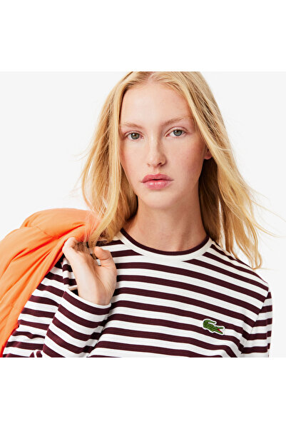 Lacoste Kadın Regular Fit Uzun Kollu Bisiklet Yaka Çizgili Bordo T-Shirt