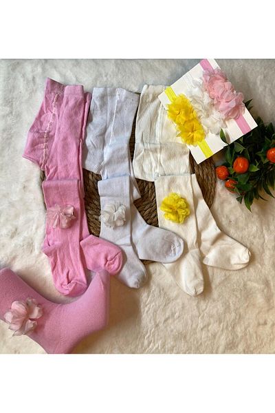 ESES BEBE Cotton Laser Cut Floral Tights Set for Baby Girl - 3-Piece Bandana