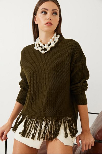 Bianco Lucci Damen-Strickpullover mit Quasten am Saum 85001019