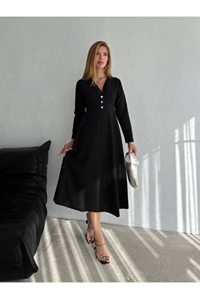 JANES Kadın Krep Kumaş Düğme Detaylı V Yaka Uzun Kollu Midi Boy Elbise
