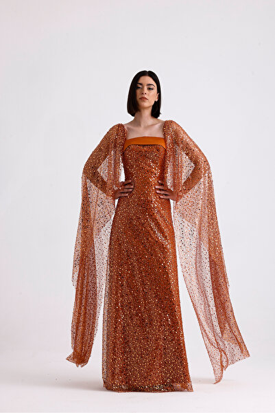 Tangül&Ali'S Moda Evi Boncuk İşlemeli Tarçın Rengi Elbise