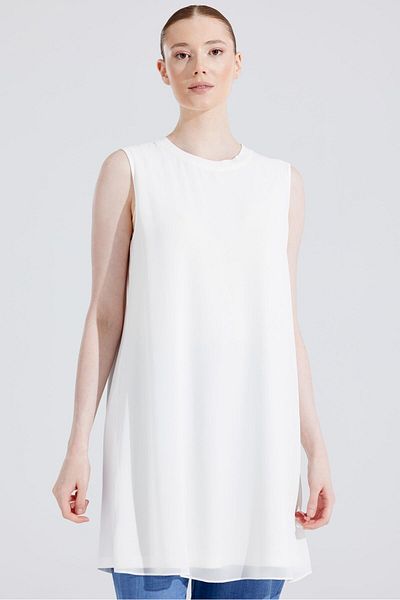 Tığ Triko White Sleeveless Tunic - Neck Collar