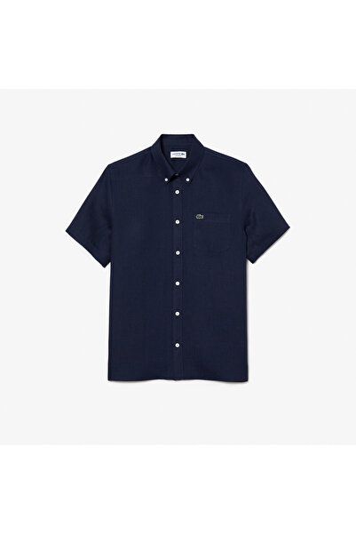 Lacoste Erkek Regular Fit Kısa Kollu Düğmeli Yaka Keten Lacivert Gömlek
