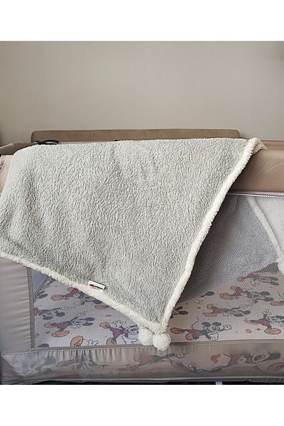 oneplise sineklik sistemleri Welsoft Ecru-Grey Fluffy Baby Blanket - Double Color Pompom, 80X100 cm