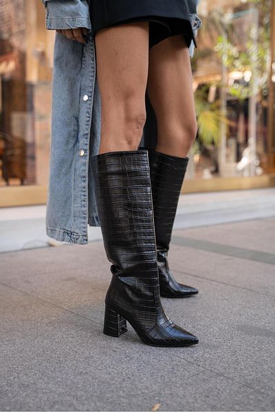 mytopuk Cornelia Black Colored Crocodile Patterned Heeled Women's Boots