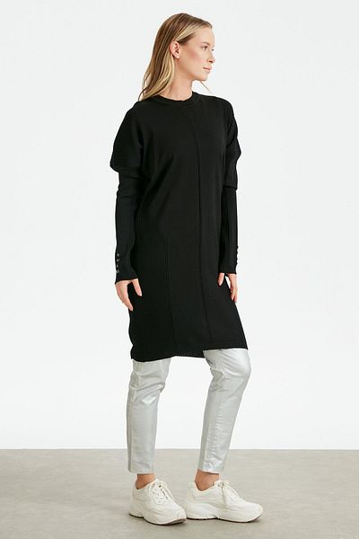Tığ Triko Buttoned Sleeves Knit Detailed Rayon Tunic BLACK