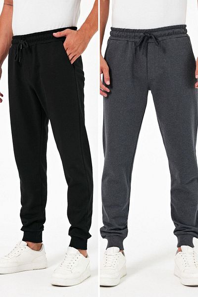 mmetalic Ανδρικό Jogger Sweatpants Σετ 2 τεμαχίων - Χοντρό μαύρο-ανθρακί, με πίσω τσέπη και λάστιχο στα πόδια