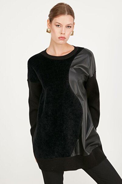 Tığ Triko Yeni Kadın Deri Detaylı Triko Tunik Tnk.21416.1