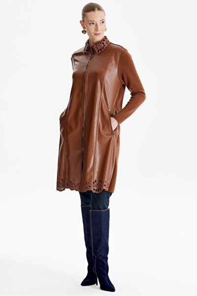 Tığ Triko Yaka Ve Etek Ucu Nakışlı Deri Hırka KAHVE