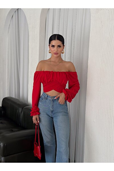 QUTTA Red Madonna - Long Sleeve Crop Blouse with Balloon Sleeve Collar and Cross Shirred Diver Fabric