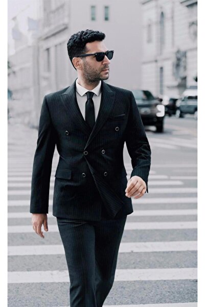 SÜVARİ Süvari Dar Kesim Çizgili Siyah Kruvaze Takım Elbise