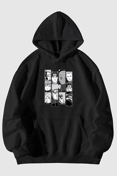 Harmandar Unisex Akatsuki Printed Black Hooded Sweatshirt - Kangaroo Pocket Hoodie