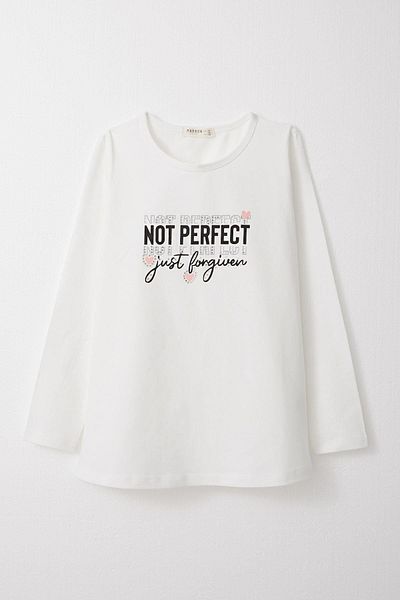 Breeze T-shirt για κορίτσια 9-14 ετών - μακρυμάνικο, τυπωμένο κείμενο και λεπτομέρεια από πέτρα, εκρού