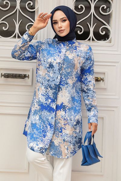 Neva Style تونيك فيسكوز منقوش باللون الأزرق النيلي - حجاب 11707IM