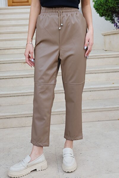 LOCCO Pantaloni de damă din piele cu cusături caramel