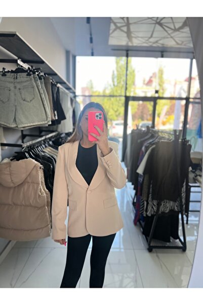 Şevval saraç butik Krem Rengi Dabıl Krep Kumaş Blazer Ceket
