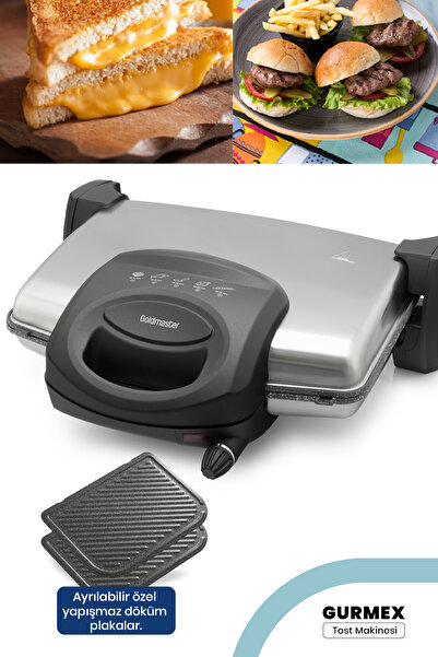 GOLDMASTER Gurmex Inox 1750 Watt Granit Çıkarılabilir Plakalı 5 Kademe Isı Ayarlı Tost Ve Izgara Makinesi
