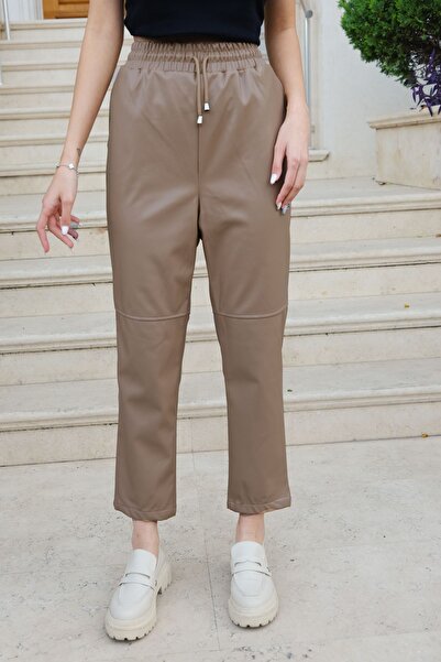 LOCCO Pantaloni de damă din piele cu cusături caramel