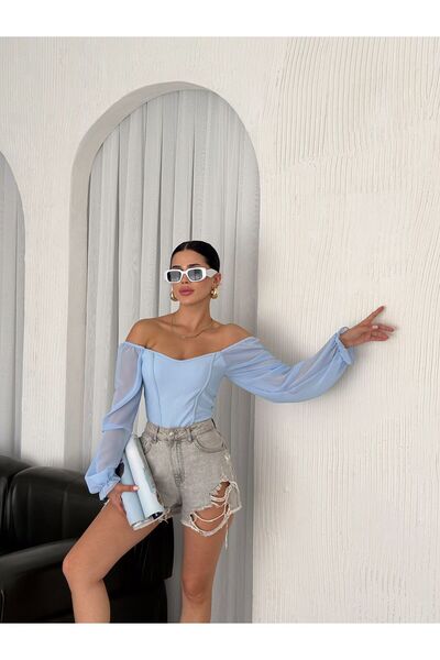 QUTTA Bluză de damă, albastru bebeluș, cu mânecă din șifon, cu mânecă lungă