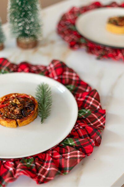 KaiHome 6Lı Ekose Kumaş Yuvarlak Fırfır Detaylı Amerikan Servis / Supla