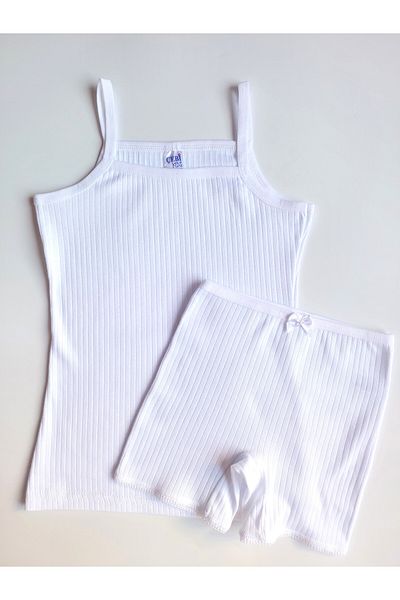 ÇebiKids Çebikids Girl's 100% Cotton White Rib Ribbed Rope Strap Athlete-Legged Panty Set