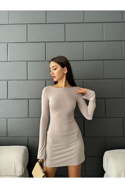 Fav Style Μπεζ Γυναικείο Μίνι Φόρεμα - Μακρυμάνικο και Ανοιχτή Πλάτη