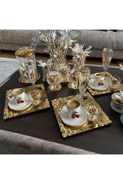 LOKMAN ZÜCCACİYE Full Gold Detailed 18/10 Steel Coffee Presentation Tray 6 Pieces